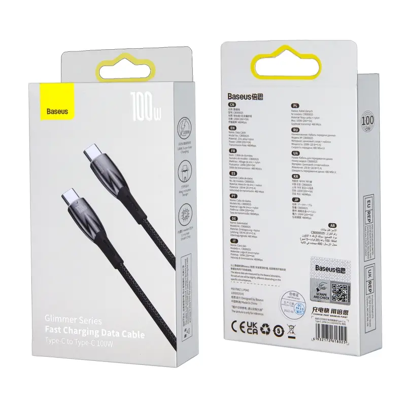 Кабель Type-C на Type-C 1M 2.4A 100W Glimmer series Baseus черный CADH000701 Кабель Type-C на Type-C 1M 2.4A 100W Glimmer series Baseus черный CADH000701