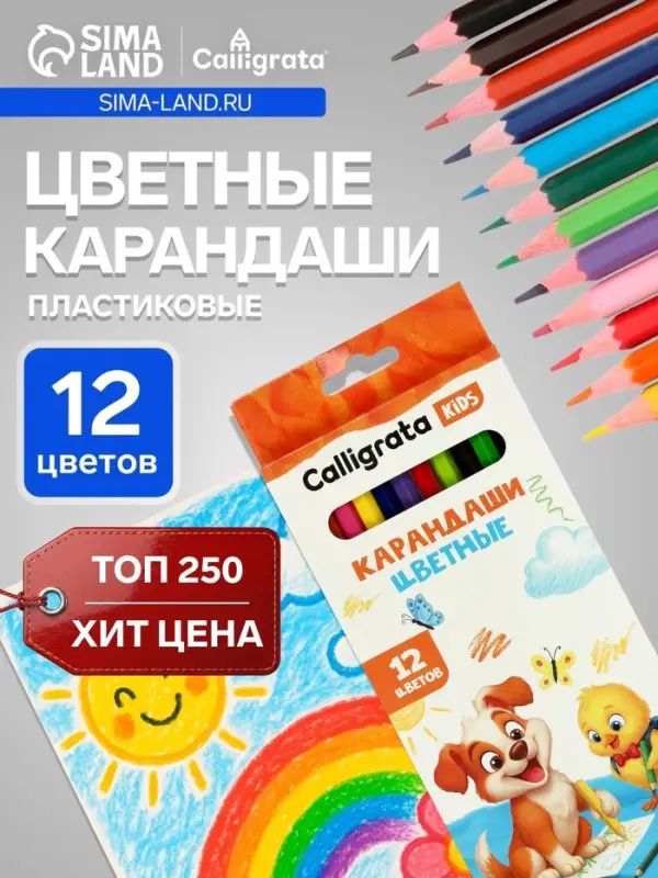Карандаши Calligrata, цветные 12 цветов, эконом, заточенные, шестигранные, пластиковые