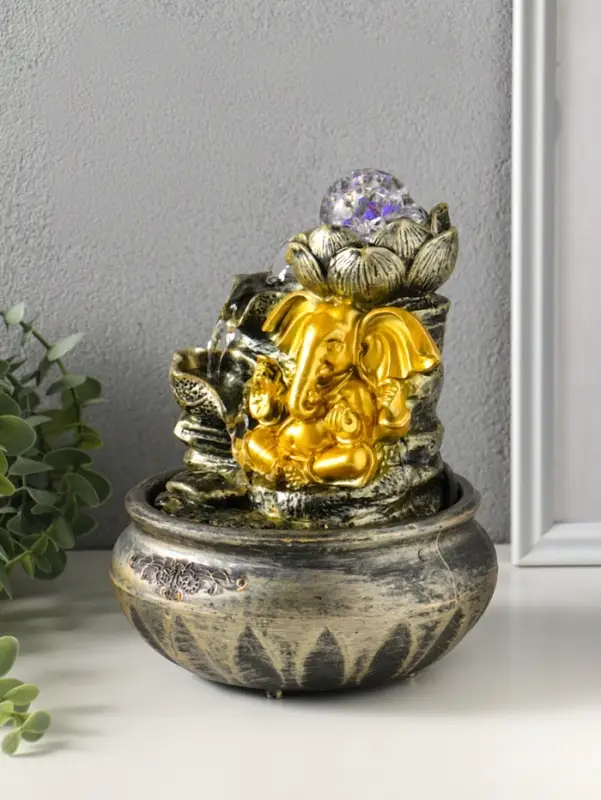 Фонтан настольный от сети, подсветка "Ганеша у цветущим лотосом" 16х16х23 см