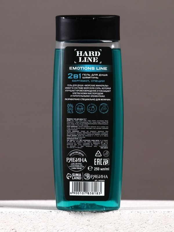 Гель для душа и шампунь 2 в 1 «Морские минералы», 250 мл, аромат бергамот и специи, HARD LINE Гель для душа и шампунь 2 в 1 «Морские минералы», 250 мл, аромат бергамот и специи, HARD LINE