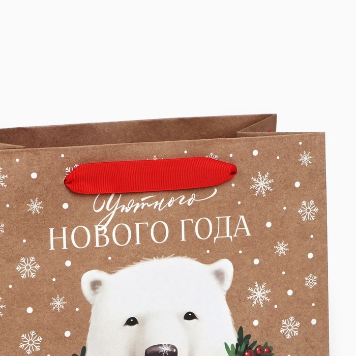 Пакет подарочный новогодний крафтовый квадратный «Новогодний мишка», 22 х 22 х 11 см, Новый год