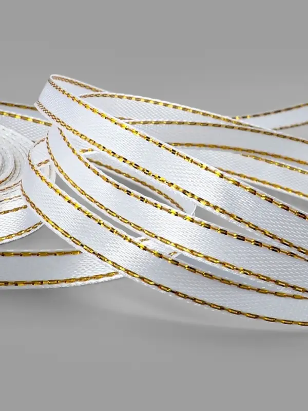 Лента атласная, с золотым люрексом, 6 мм, 23&plusmn;1 м, белая №001