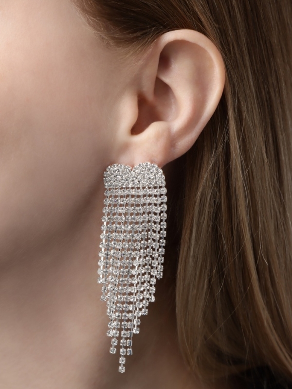 Серьги висячие со стразами «Вечное сияние» сердечки, цвет белый в серебре Серьги висячие со стразами «Вечное сияние» сердечки, цвет белый в серебре