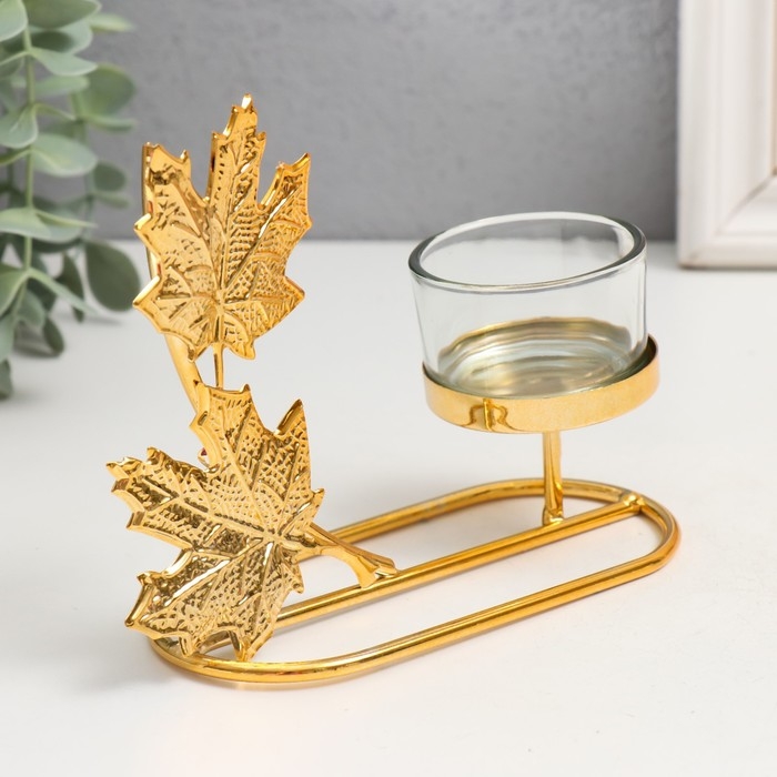 Подсвечник металл на 1 свечу  Подсвечник металл на 1 свечу "Кленовые листья" d=4,5 см золото 5,8х13х13 см