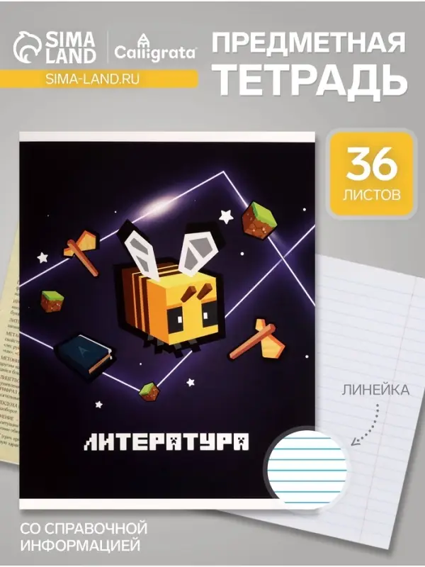 Предметная тетрадь по литературе Calligrata &laquo;Пиксели&raquo;, 36 листов, в линейку, со справочным материалом, обложка из мелованного картона
