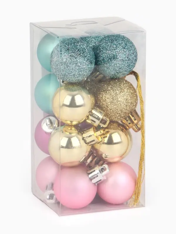 Шары ёлочные новогодние, пластик, d=3 см, набор 16 шт., голубые, розовый и золотой