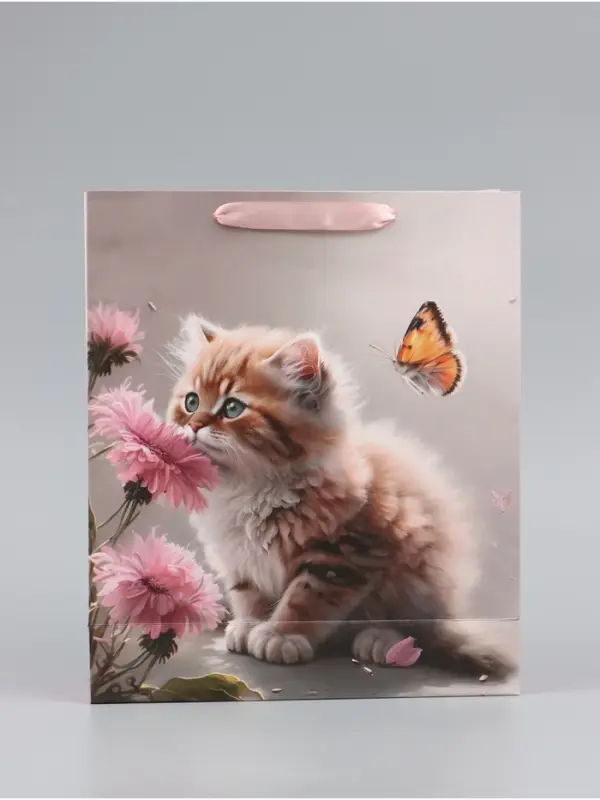Пакет подарочный вертикальный &laquo;Котик и цветок&raquo;, 22&times;22&times;11 см