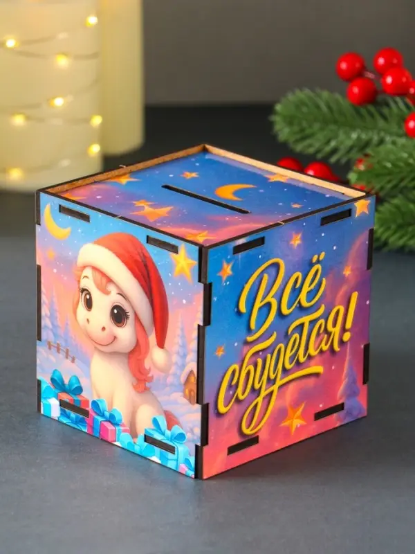 Деревянная копилка для денег &laquo;Лошадка новогодняя. Все сбудется&raquo;, куб, 10&times;10&times;10 см, (набор 7 деталей)