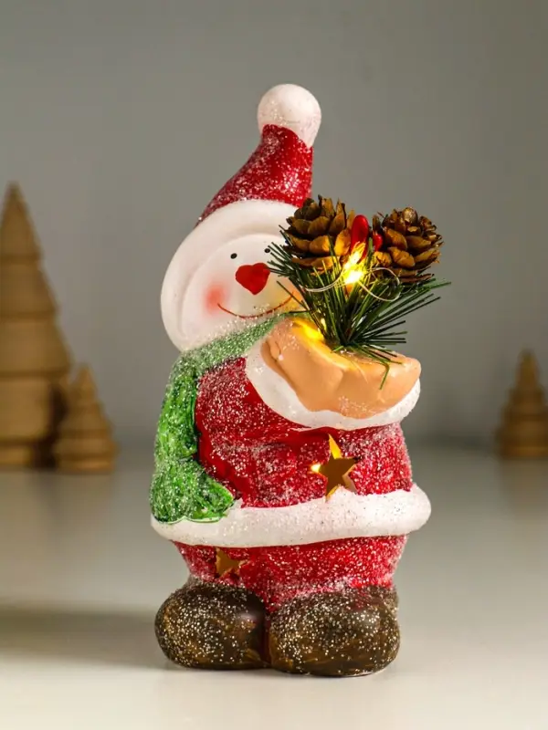 Сувенир керамика свет "Снеговик в красной шубке с еловой веточкой" 10х7,5х14,5 см
