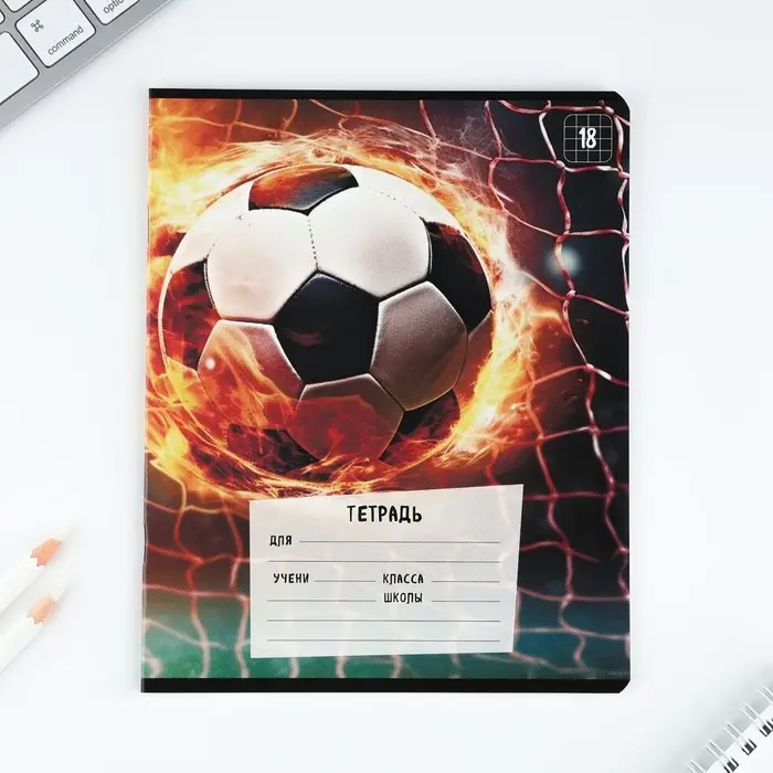 Тетрадь в клетку 18 листов А5, на скрепке &laquo;Футбол&raquo;, обложка мелованный картон, 5 видов МИКС