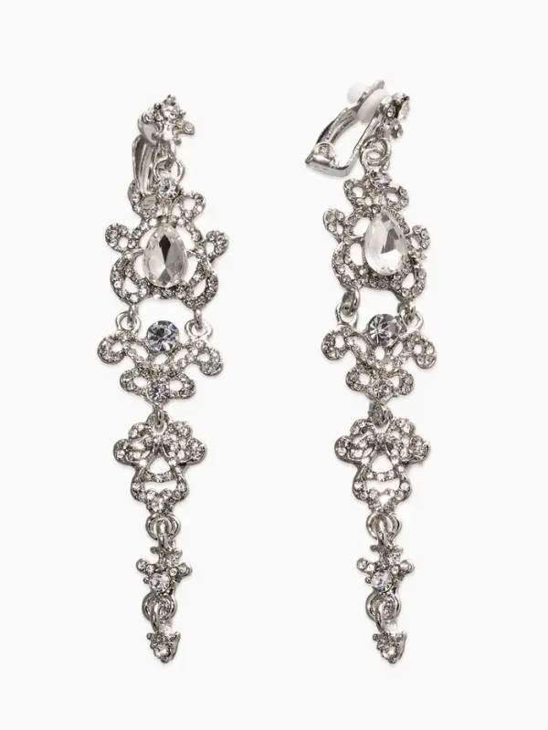 Серьги клипсы для ушей висячие со стразами QF &laquo;Ажур&raquo;, белые в серебре