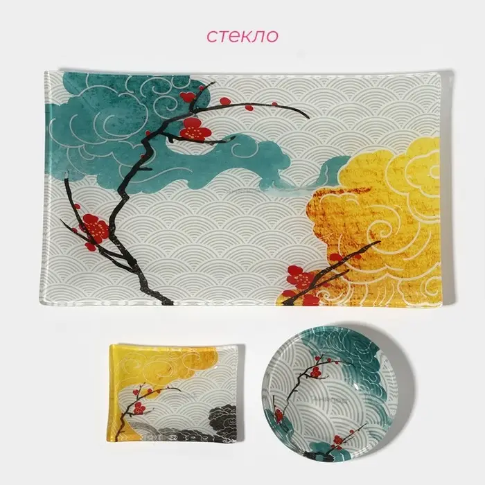 Набор для суши Доляна &laquo;Абстракция&raquo;, 3 предмета: соусники 8&times;2 см, 8&times;6 см, подставка 25&times;15&times;2 см, стекло