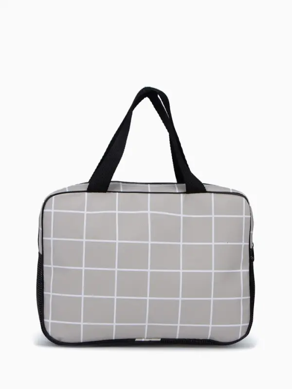 Косметичка-сумка на молнии, с ручками, с сеткой, большая, в клетку, бежевая