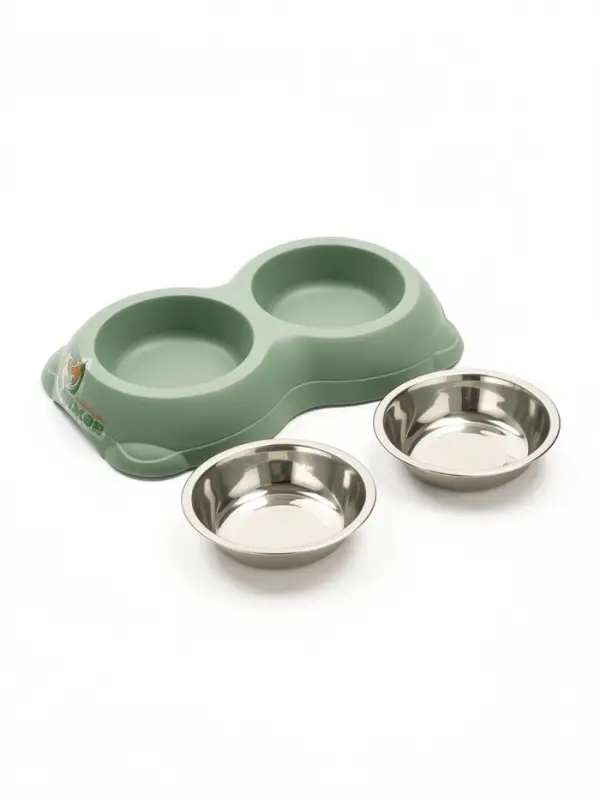 Миска двойная, 26.3&times;16&times;3.9 см, на пластиковом основании, металл, зелёная