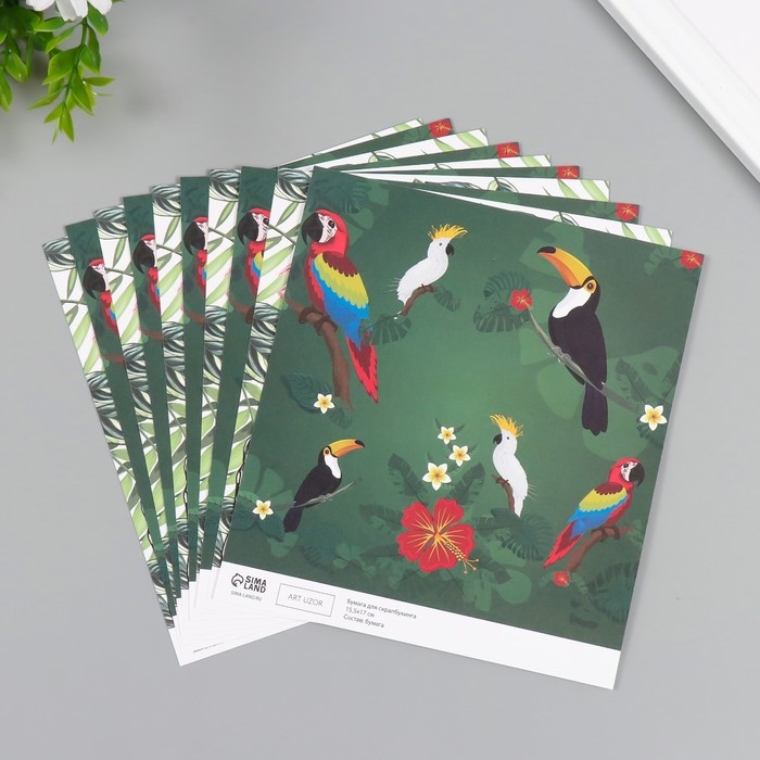 Бумага для скрапбукинга двусторонняя Бумага для скрапбукинга двусторонняя "Попугаи, фламинго и зебры" плотность 180 гр набор 10 шт 15,5х1