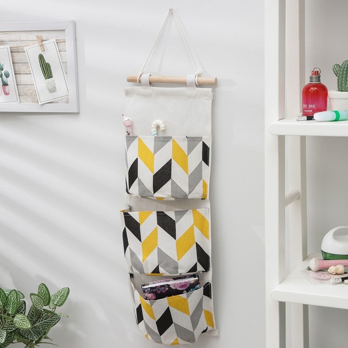 Органайзер подвесной с карманами Доляна «Зиг-заг», 3 отделения, 58×20 см, цвет серо-жёлтый Органайзер подвесной с карманами Доляна «Зиг-заг», 3 отделения, 58×20 см, цвет серо-жёлтый
