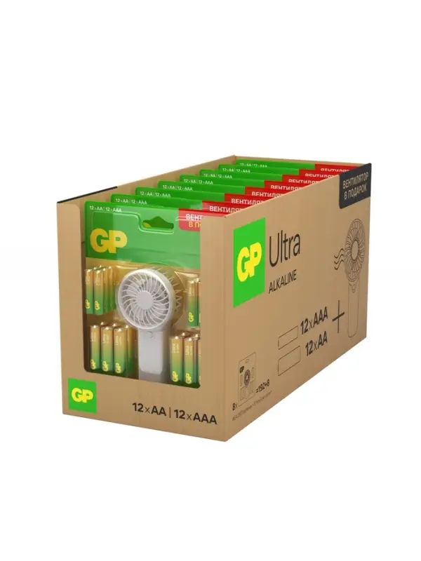 Батарейка алкалиновая GP Ultra, ААА+АА, LR03+LR6-24BL, 1.5В, блистер 12+12 шт, вентилятор