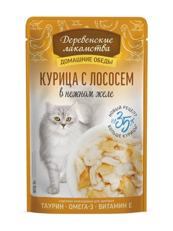 Влажный корм для кошек &laquo;Деревенские лакомства&raquo;, курица с лососем в нежном желе, пауч, 70 г