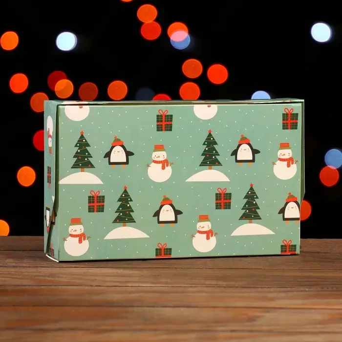 Коробка складная «Пингвины и снеговики», зеленая, 20×12×4 см