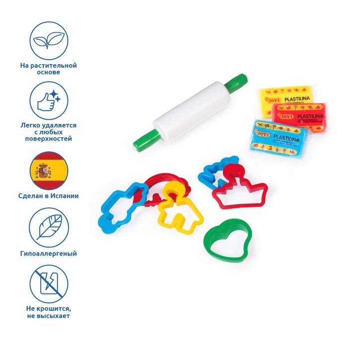 Набор для лепки JOVI  Набор для лепки JOVI "Super Kit" 3 цвета по 50 г, растительный, 6 формочек, 1 скалка, картон