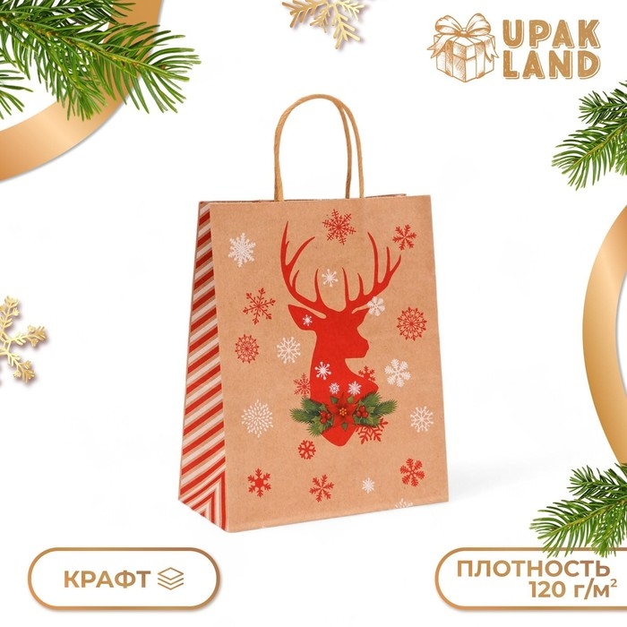 Новый год. Пакет бумажный подарочный новогодний крафт Новый год. Пакет бумажный подарочный новогодний крафт "Олень", 27 х 21 х 11 см.