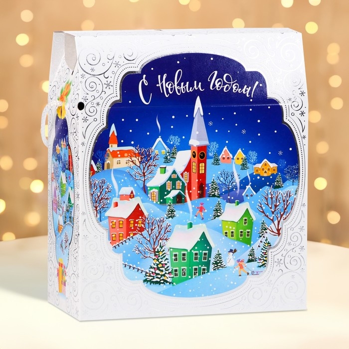 Новый год. Коробка подарочная новогодняя Новый год. Коробка подарочная новогодняя "Городок" 21,5 х 25,6 х 11 см.