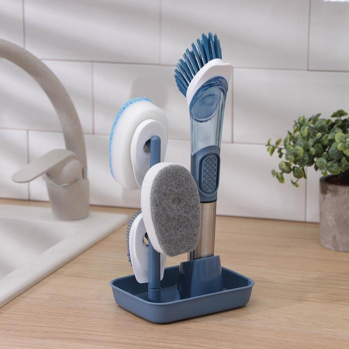 Набор для чистки посуды Raccoon «Практик», ручка-дозатор, 4 щётки, держатель-стойка, цвет синий Набор для чистки посуды Raccoon «Практик», ручка-дозатор, 4 щётки, держатель-стойка, цвет синий