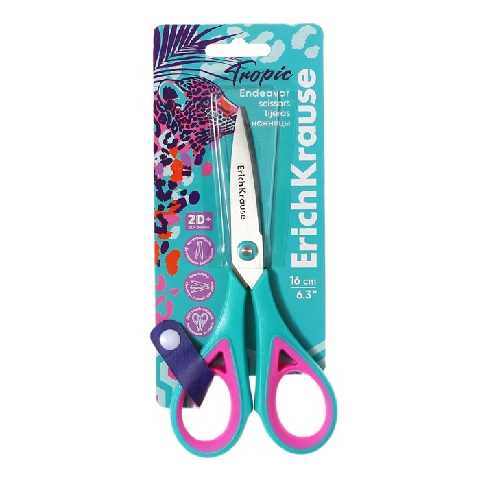 Ножницы ErichKrause Endeavor Tropical, 16 см, двойная заточка, антискользящие резиновые вставки, европодвес, МИКС Ножницы ErichKrause Endeavor Tropical, 16 см, двойная заточка, антискользящие резиновые вставки, европодвес, МИКС