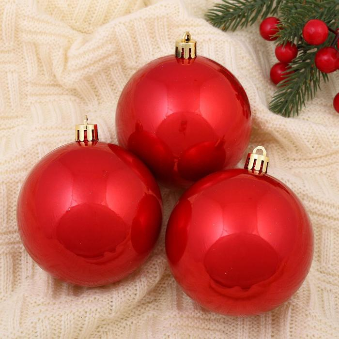 Набор шаров пластик d-8 см, 6 шт Набор шаров пластик d-8 см, 6 шт "Глянец" красный
