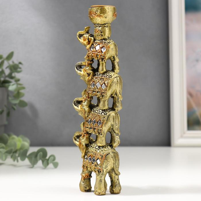 Сувенир полистоун подсвечник Сувенир полистоун подсвечник "Пирамида из 4-х слонов в попоне с зеркалами" 20х6,5х3 см