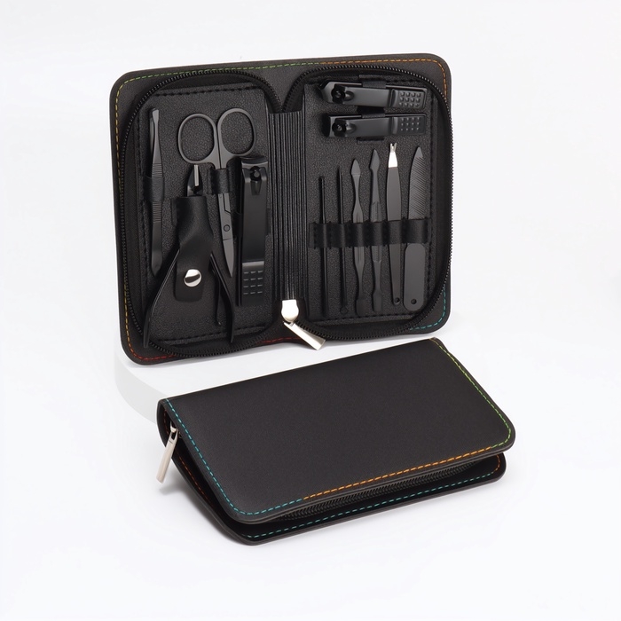 Набор маникюрный, 12 предметов, в футляре, чёрный Набор маникюрный, 12 предметов, в футляре, чёрный