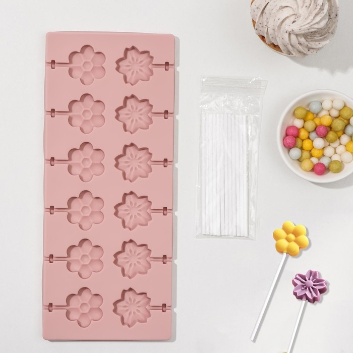 Форма для леденцов Доляна «Клумба», силикон, 25×10,5×1 см, 12 ячеек (3,2×3 см), с палочками, цвет МИКС Форма для леденцов Доляна «Клумба», силикон, 25×10,5×1 см, 12 ячеек (3,2×3 см), с палочками, цвет МИКС