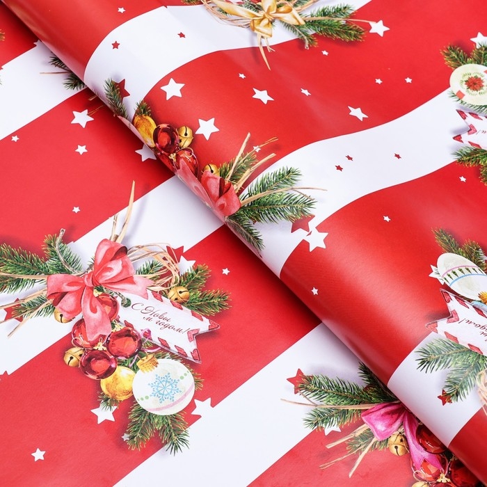 Новый год. Бумага упаковочная глянцевая  Новый год. Бумага упаковочная глянцевая "Бирки ", 70 х 100 см,1 лист,