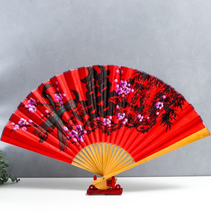 Веер бамбук, текстиль h=50 см  Веер бамбук, текстиль h=50 см "Сакура с птицами" красный