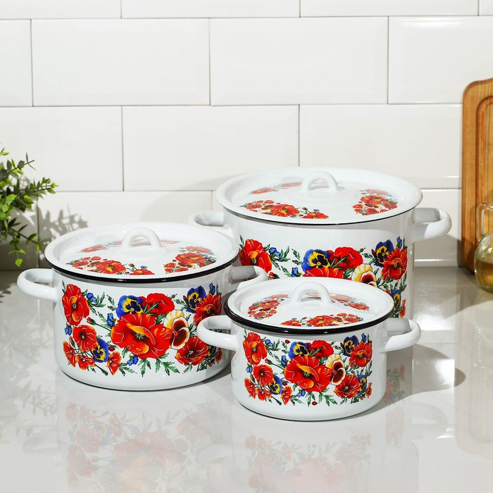 Набор кастрюль «Маки. Мечта», 3 предмета: 1,5 л, 2,9 л, 4,5 л, индукция Набор кастрюль «Маки. Мечта», 3 предмета: 1,5 л, 2,9 л, 4,5 л, индукция