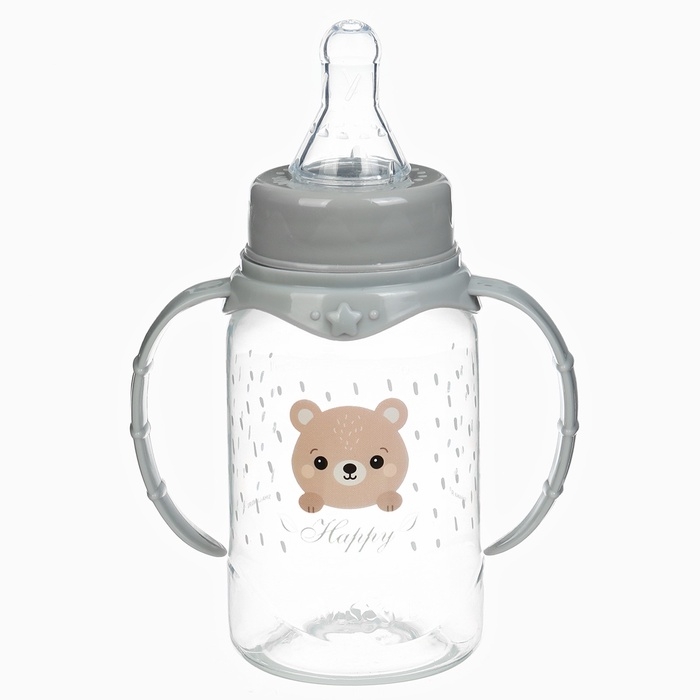Бутылочка для кормления «Happy» 150 мл, цилиндр, с ручками, цвет серый Бутылочка для кормления «Happy» 150 мл, цилиндр, с ручками, цвет серый