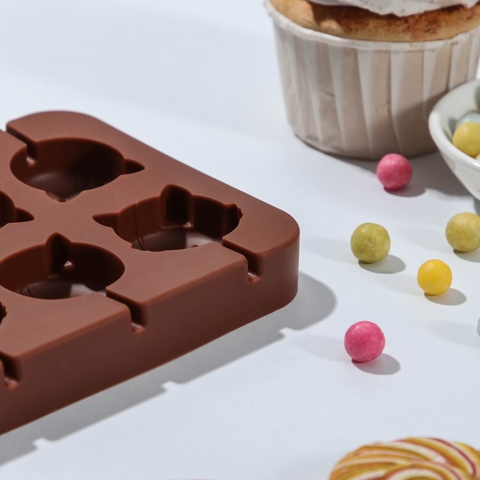 Форма для леденцов «Котики», силикон, 16,5×11×1,7 см, 8 ячеек, с палочками, цвет коричневый Форма для леденцов «Котики», силикон, 16,5×11×1,7 см, 8 ячеек, с палочками, цвет коричневый