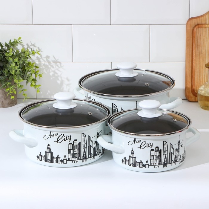Набор эмалированных кастрюль «Новый город», 3 предмета: 1,5 л, 2,3 л, 3 л, индукция Набор эмалированных кастрюль «Новый город», 3 предмета: 1,5 л, 2,3 л, 3 л, индукция