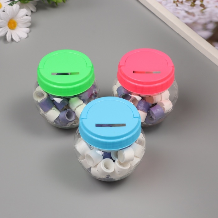 Клейкая лента пластик в банке  Клейкая лента пластик в банке "Белый и фиолетовый" н-р 40 шт 1,2 см, дл. 0,9 м 7х7х9 см