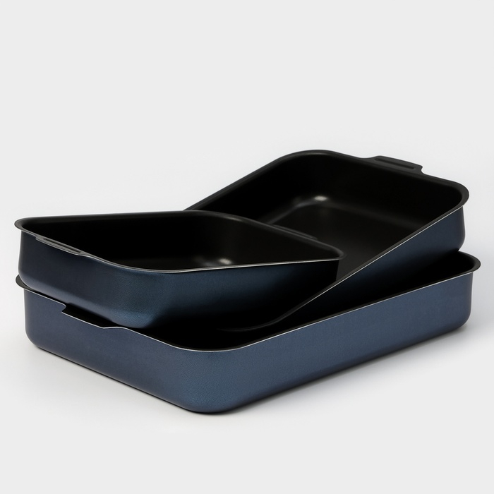 Набор противней «Лазоньера», 3 предмета: 19×25 см, 23×30 см, 27×35 см, h=7 см, антипригарное покрытие, цвет синий Набор противней «Лазоньера», 3 предмета: 19×25 см, 23×30 см, 27×35 см, h=7 см, антипригарное покрытие, цвет синий