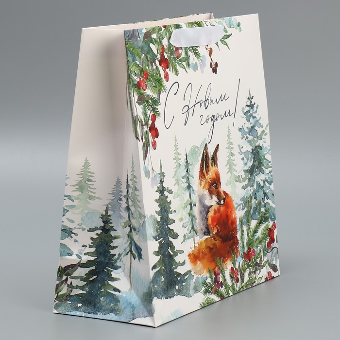 Пакет подарочный новогодний ламинированный квадратный Forest, 30 х 30 х 12 см, Новый год