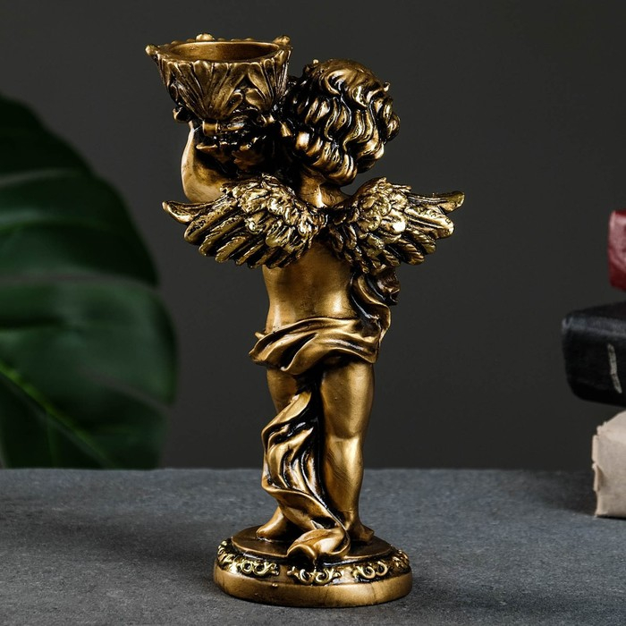 Подсвечник "Ангелочек" в левой руке, золото, 14х8х22 см, для свечи d=4 см