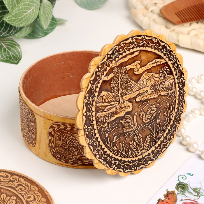 Шкатулка  Шкатулка "Лебеди", 100 х 40 мм, береста