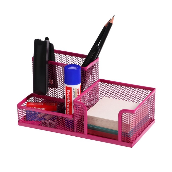 Подставка для канцелярских мелочей 3 отделения сетка металл розовая Подставка для канцелярских мелочей 3 отделения сетка металл розовая