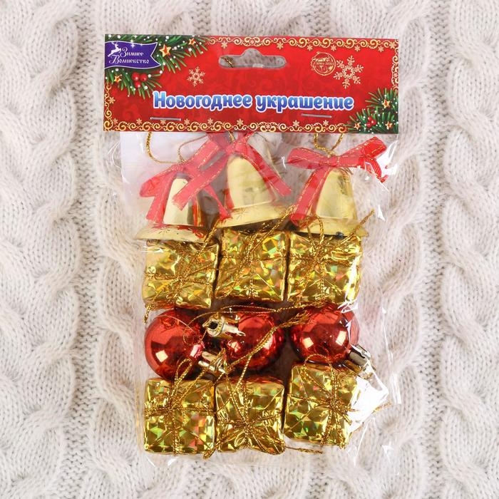 Набор украшений пластик 12 шт Набор украшений пластик 12 шт "Лючия" (6 подарков,3 шарика,3 колокольчика) золотисто-красный