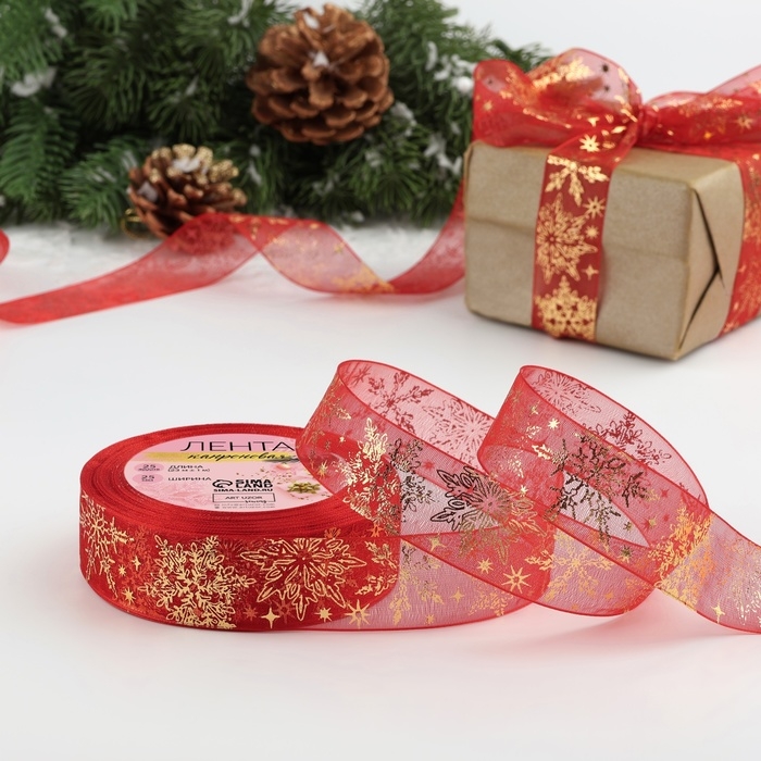 Новый год! Лента капроновая с тиснением «Фигурные снежинки», 25 мм × 23 ± 1 м, цвет красный/золотой Новый год! Лента капроновая с тиснением «Фигурные снежинки», 25 мм × 23 ± 1 м, цвет красный/золотой