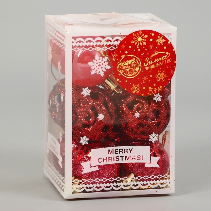 Набор шаров пластик d-4 см, 12 шт Набор шаров пластик d-4 см, 12 шт "Мелодия" орнамент, красный