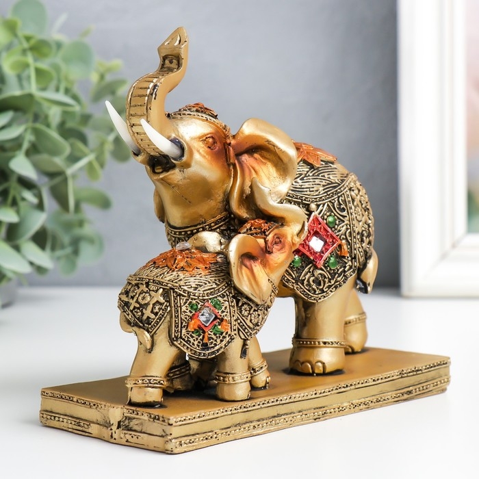 Сувенир полистоун Сувенир полистоун "Слониха со слонёнком в попоне с ромбом" бронза 14х6,3х13,5 см