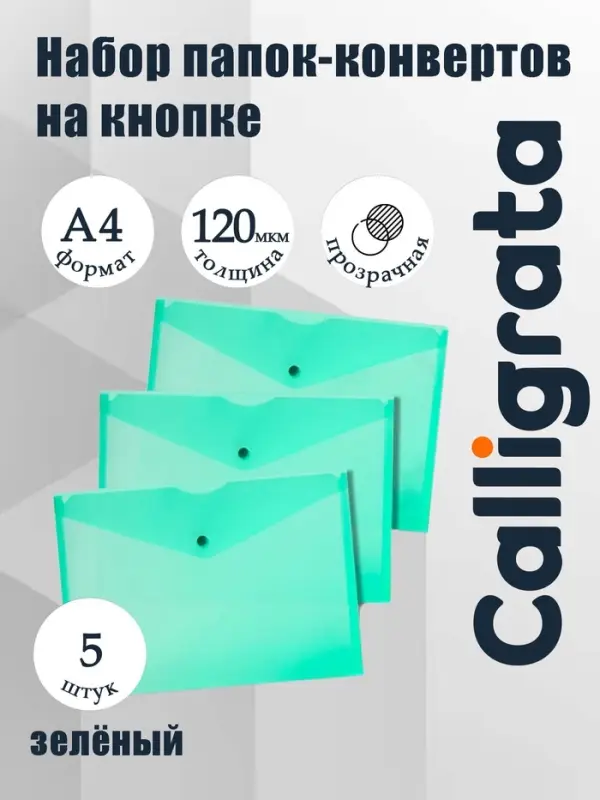Набор папок-конвертов на кнопке 5 штук, А4, 120 мкм, Calligrata, прозрачные, зеленые