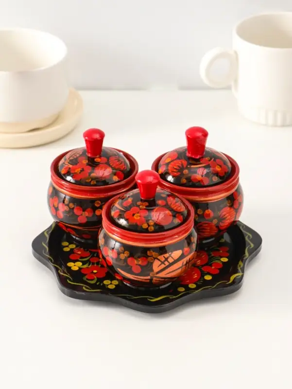 Набор для специй на подставке &laquo;Земляничка&raquo;, 15&times;15&times;6 см, дерево, хохлома